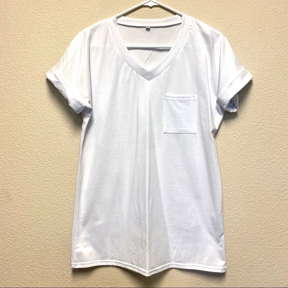 White V-neck pocket tee, cuffed short sleeve, NEW! Sz small